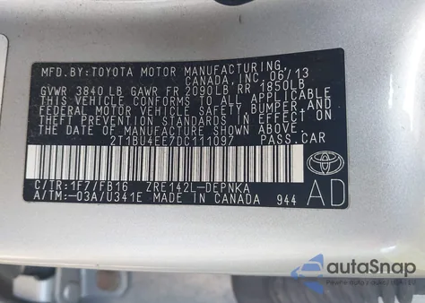 2013 Toyota Corolla Le from USA, damaged, VIN 2T1BU4EE7DC111097